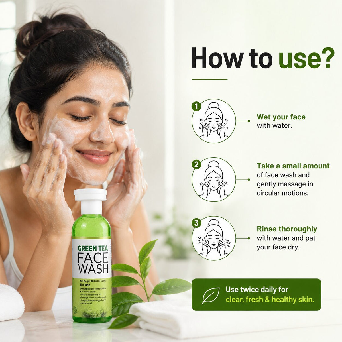Green Tea Face Wash for Acne & Oily Skin | 1% Salicylic Acid | Deep Cleansing Face Cleanser | Oil Control | 100ml
